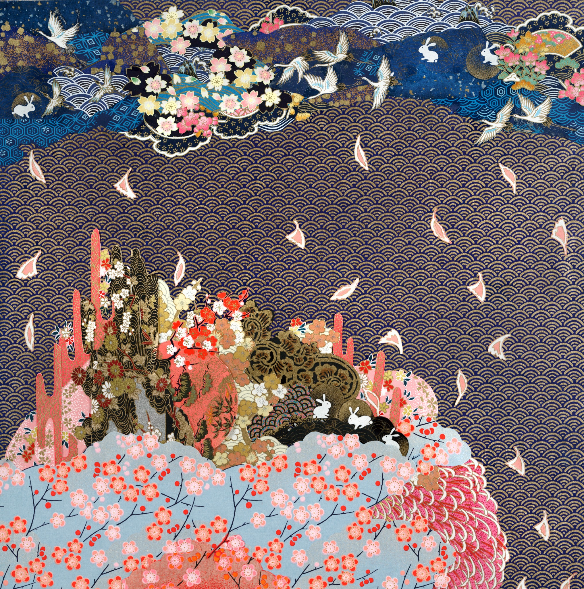 A World in Blue, hand-cut Chiyogami paper collage by Reut Akerman
