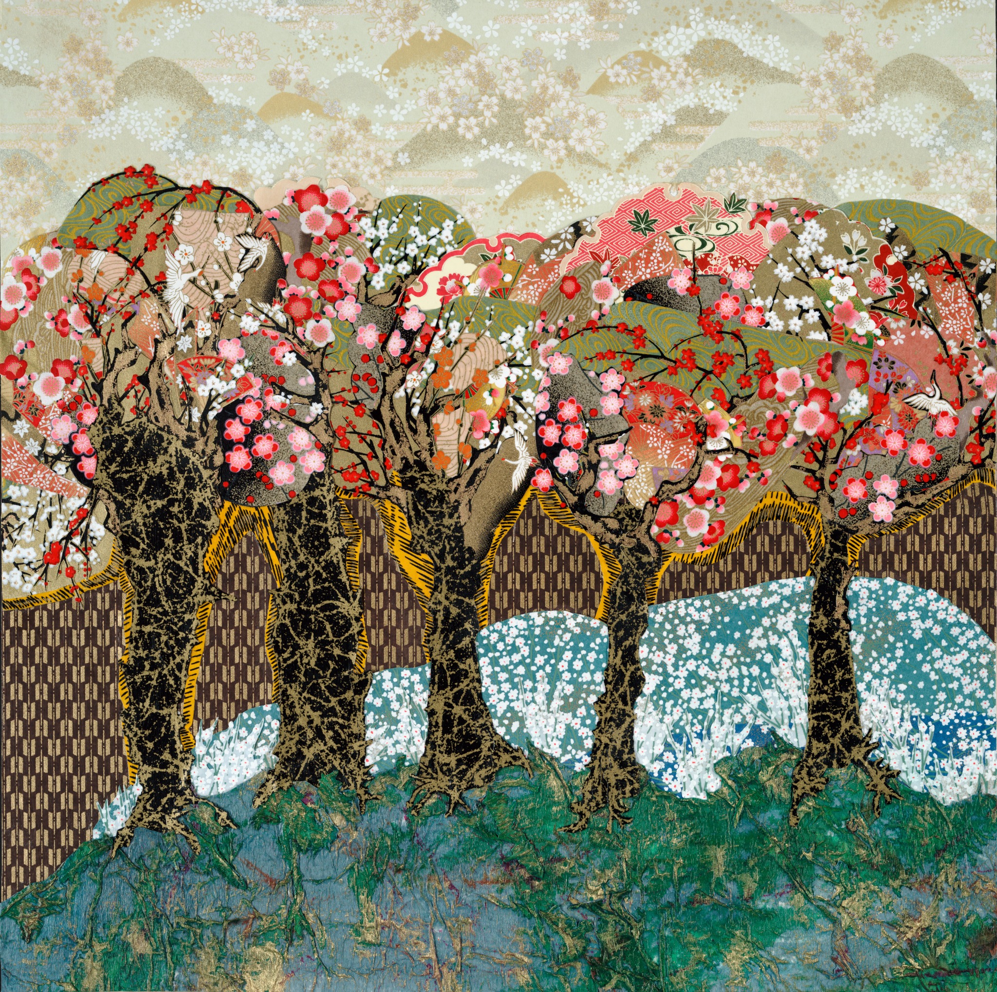 The Wild Orchard, hand-cut Chiyogami paper collage by Reut Akerman
