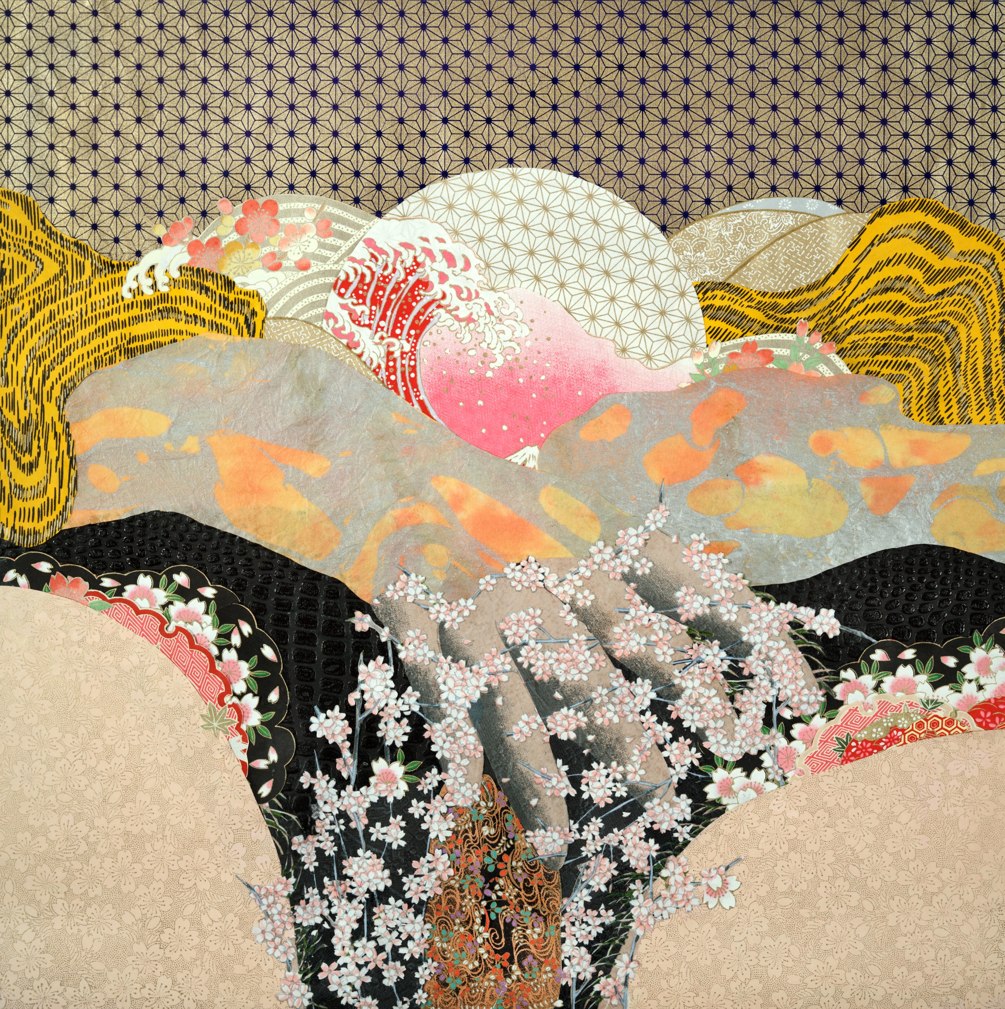 Held Within, hand-cut Chiyogami paper collage by Reut Akerman