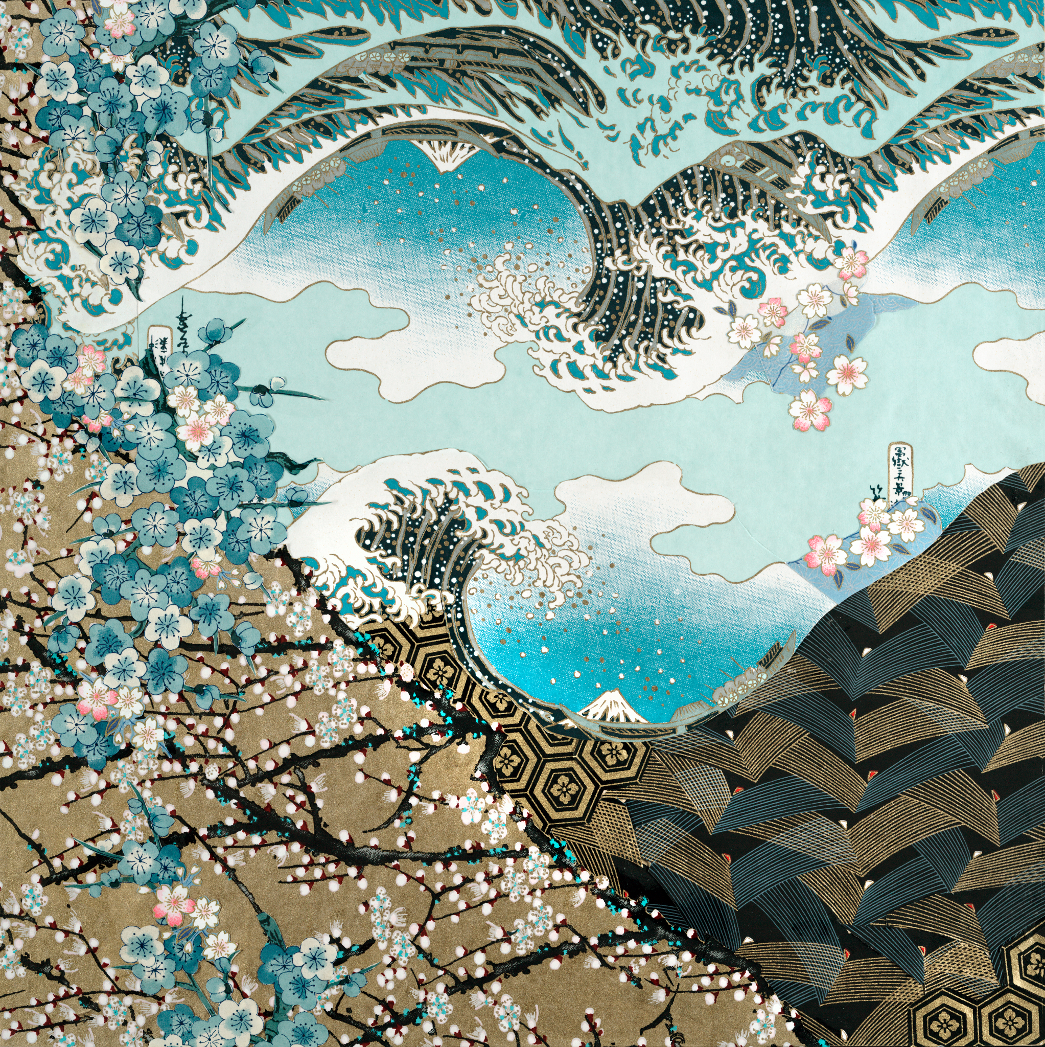 Between Waves, hand-cut Chiyogami paper collage by Reut Akerman