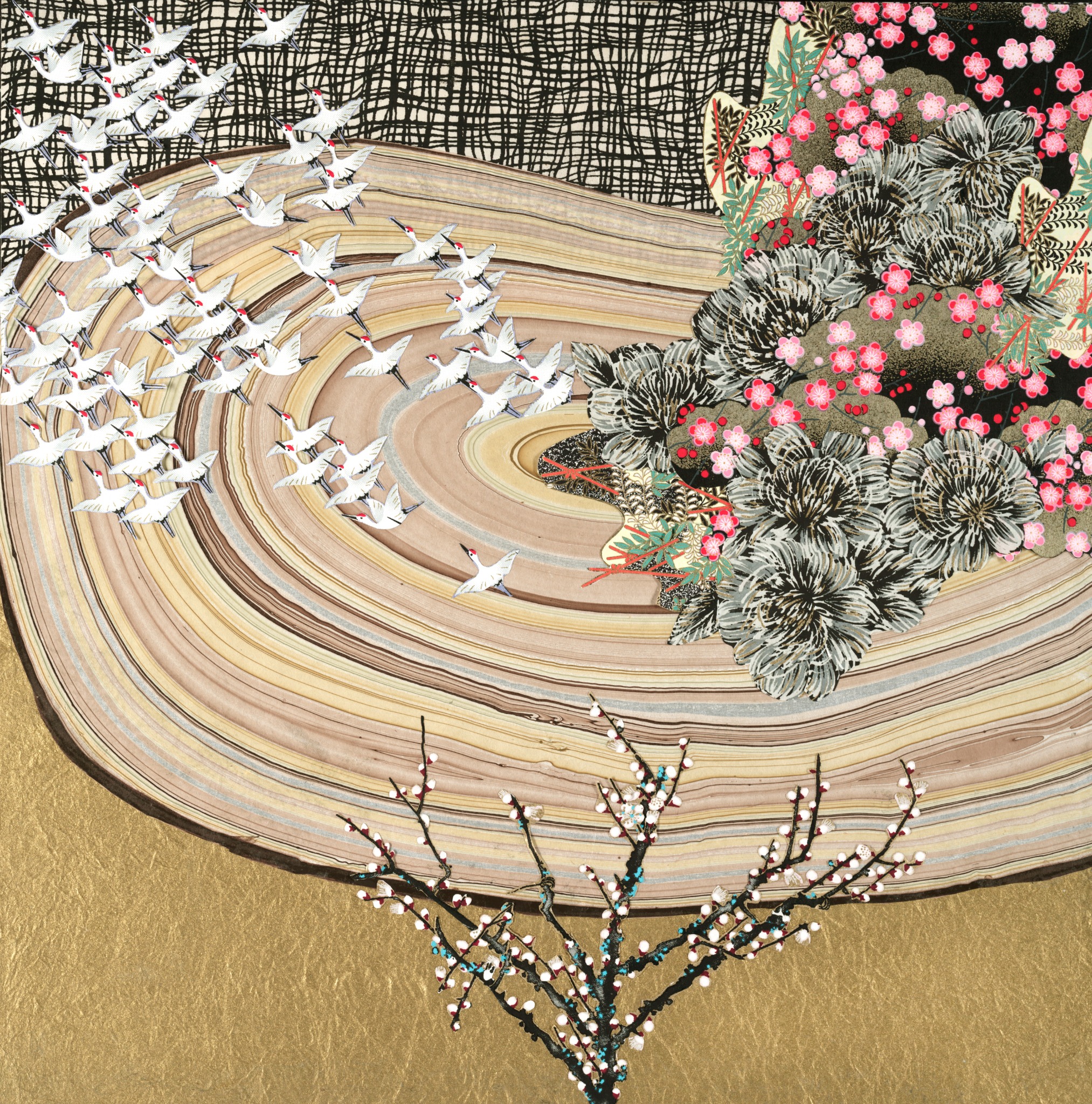 Into the Current, hand-cut Chiyogami paper collage by Reut Akerman