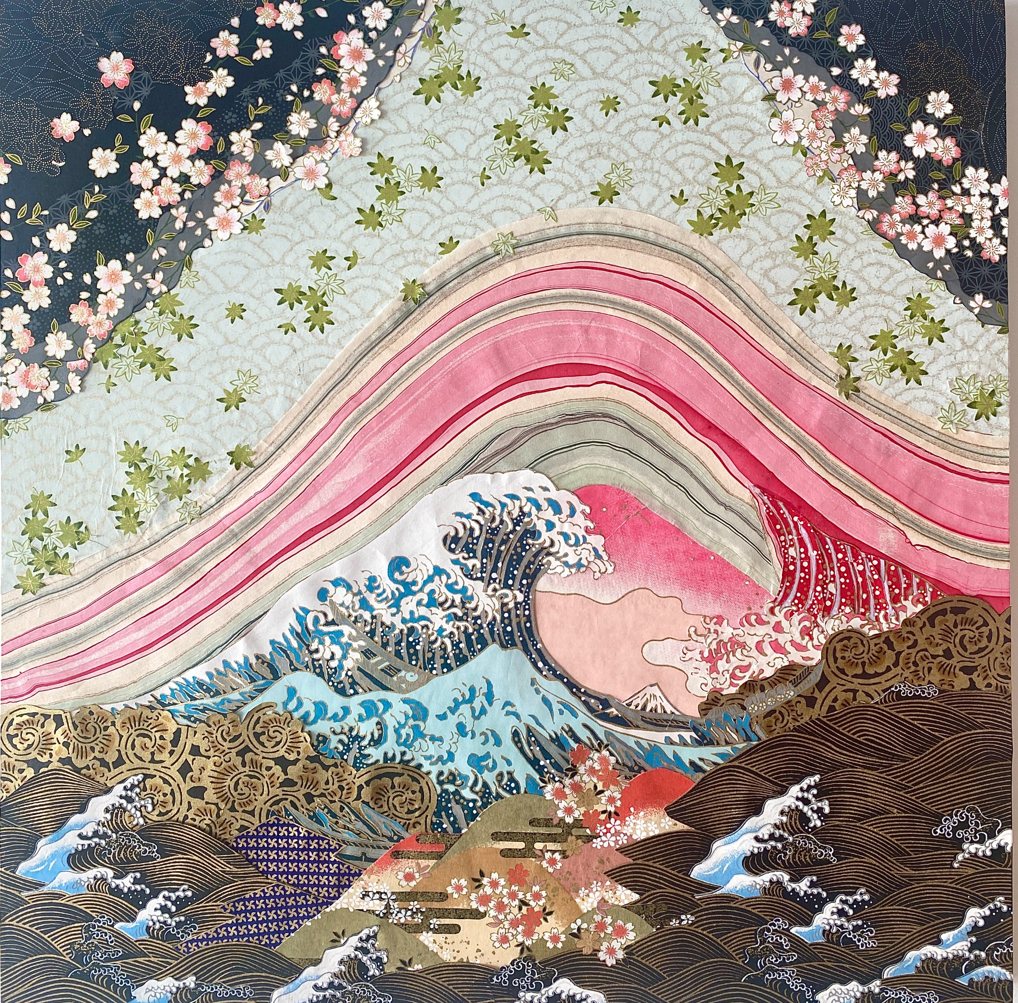 Waves of Becoming, hand-cut Chiyogami paper collage by Reut Akerman